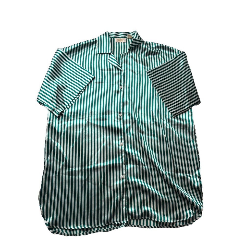 Vtg Victorias Secret Women's Gold Label Green White Stripe Sleep Shirt Sz M/L